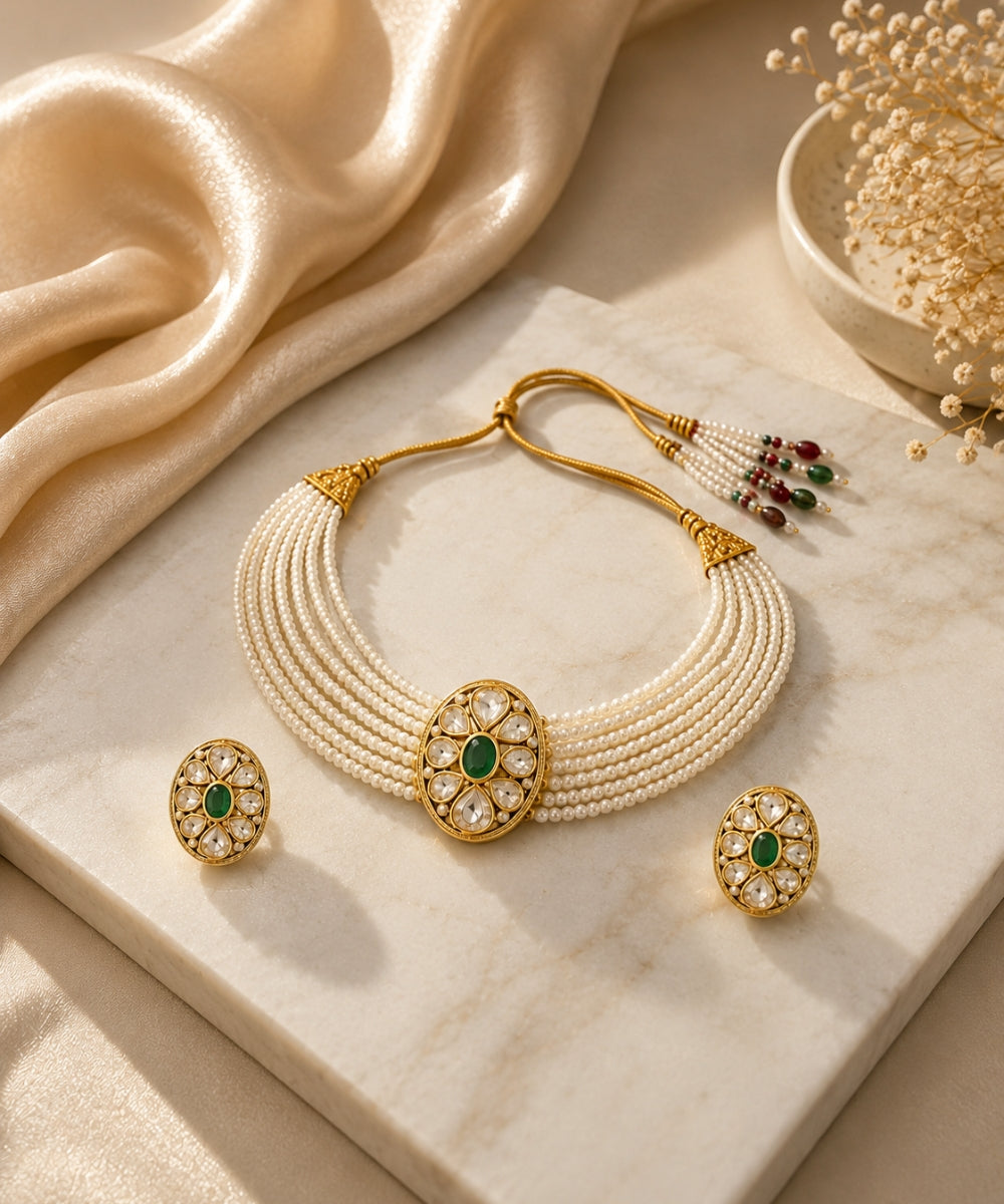 Gold Plated Green Kundan Semi Cultured Pearl Choker Set