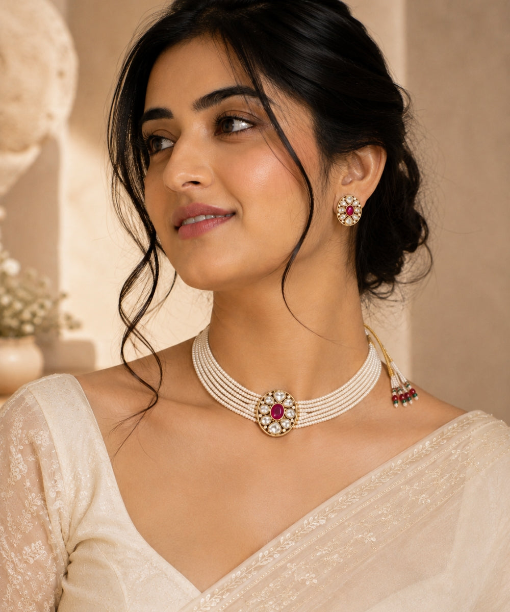 Gold Plated Pink Kundan Semi Cultured Pearl Choker Set