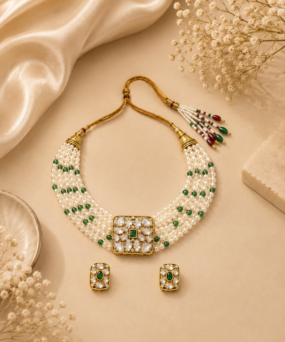 Gold Plated Green Kundan Semi Cultured Pearl Choker Set