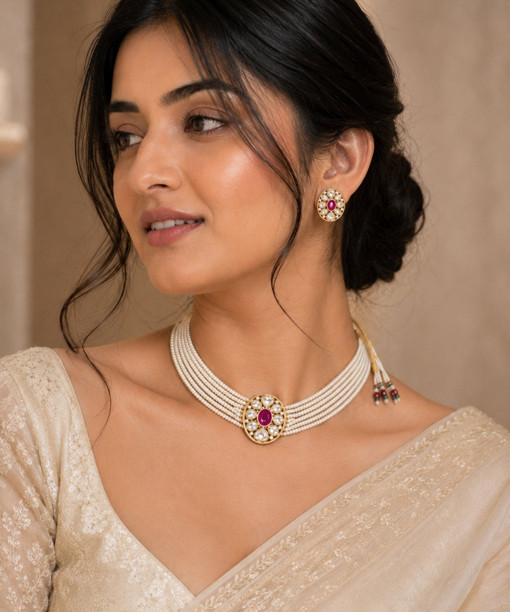 Gold Plated Pink Kundan Semi Cultured Pearl Choker Set