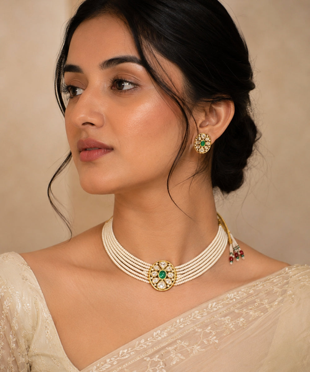 Gold Plated Green Kundan Semi Cultured Pearl Choker Set