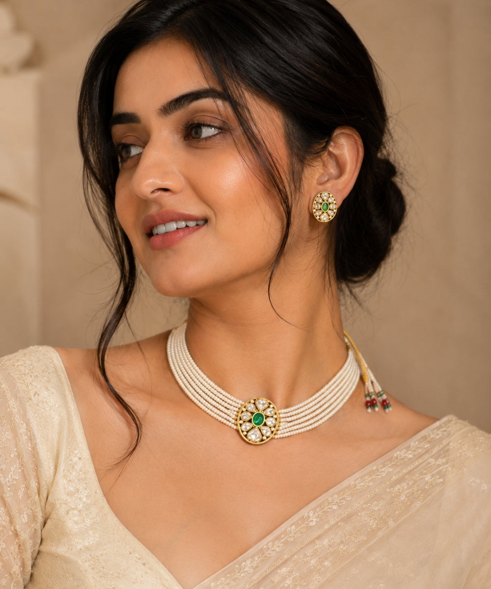 Gold Plated Green Kundan Semi Cultured Pearl Choker Set