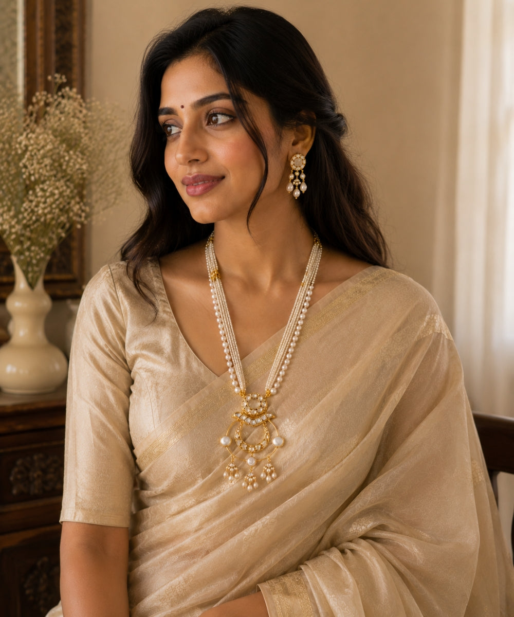 Gold Plated Kundan & Semi Cultured Pearl Choker Set with Dangle Earrings