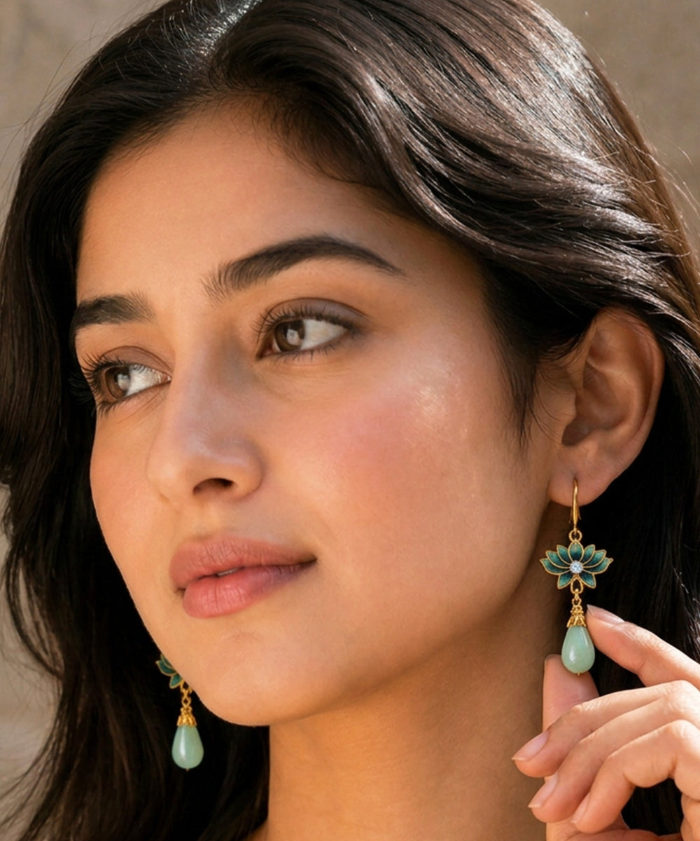 Gold Plated Lotus Pearl Drop Earrings