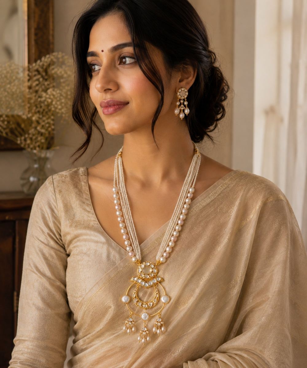 Gold Plated Kundan & Semi Cultured Pearl Choker Set with Dangle Earrings