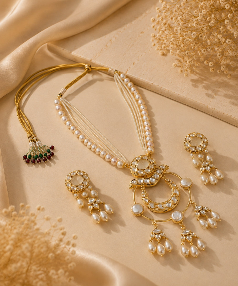 Gold Plated Kundan & Semi Cultured Pearl Choker Set with Dangle Earrings