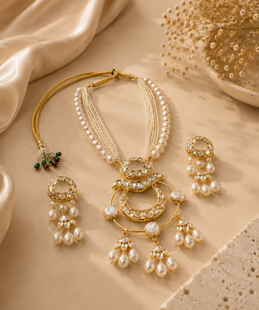 Gold Plated Kundan & Semi Cultured Pearl Choker Set with Dangle Earrings