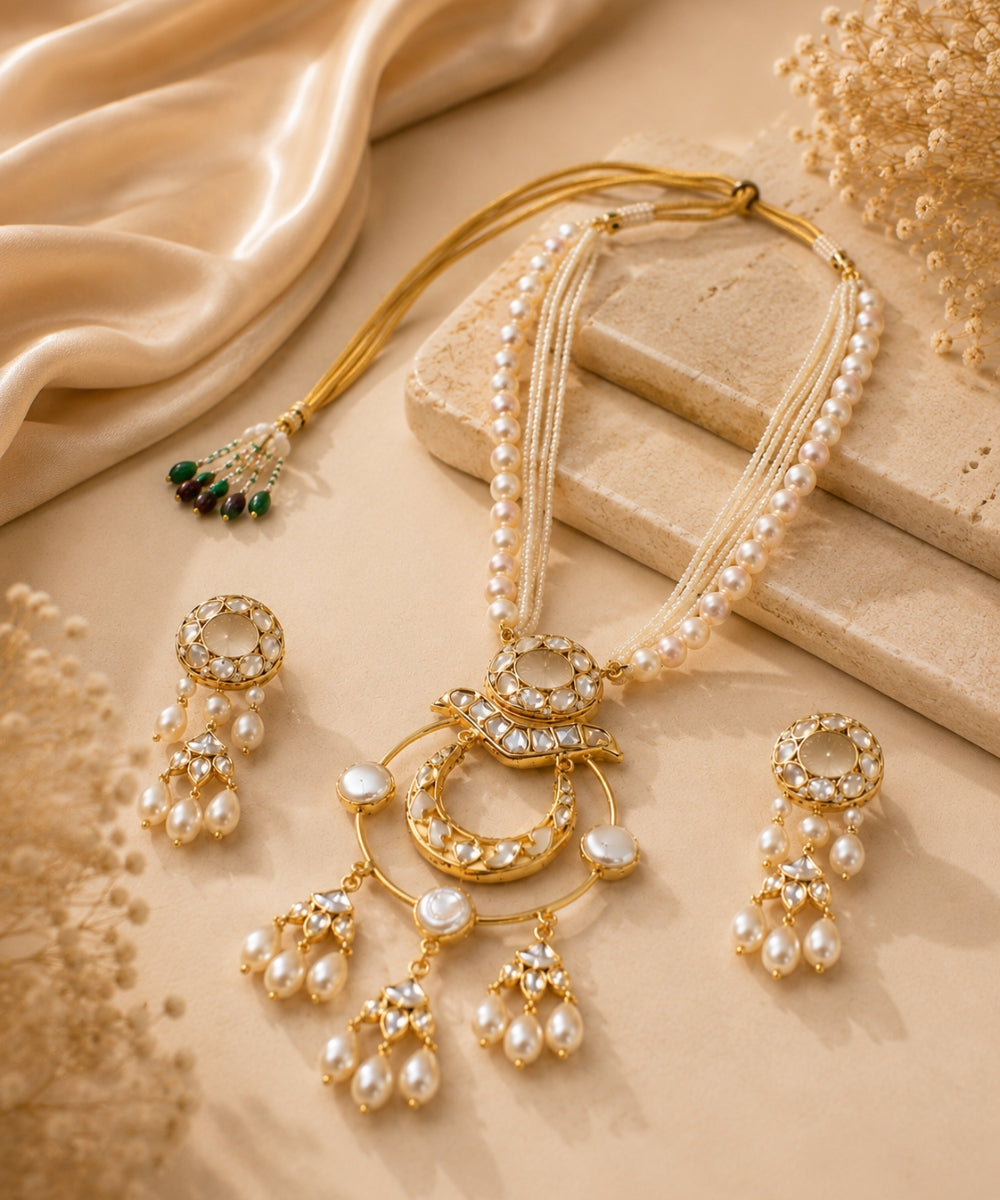 Gold Plated Kundan & Semi Cultured Pearl Choker Set with Dangle Earrings