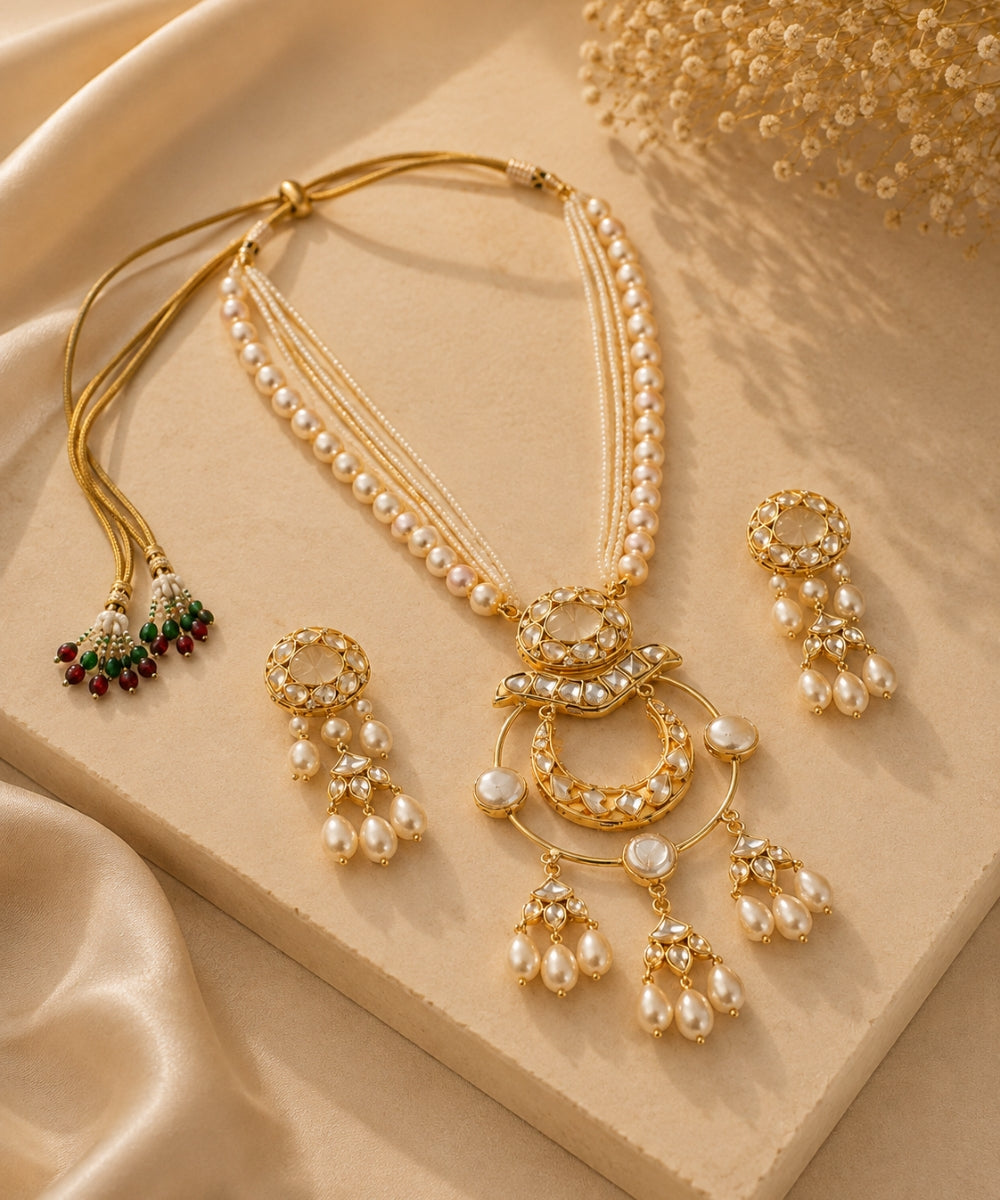 Gold Plated Kundan & Semi Cultured Pearl Choker Set with Dangle Earrings