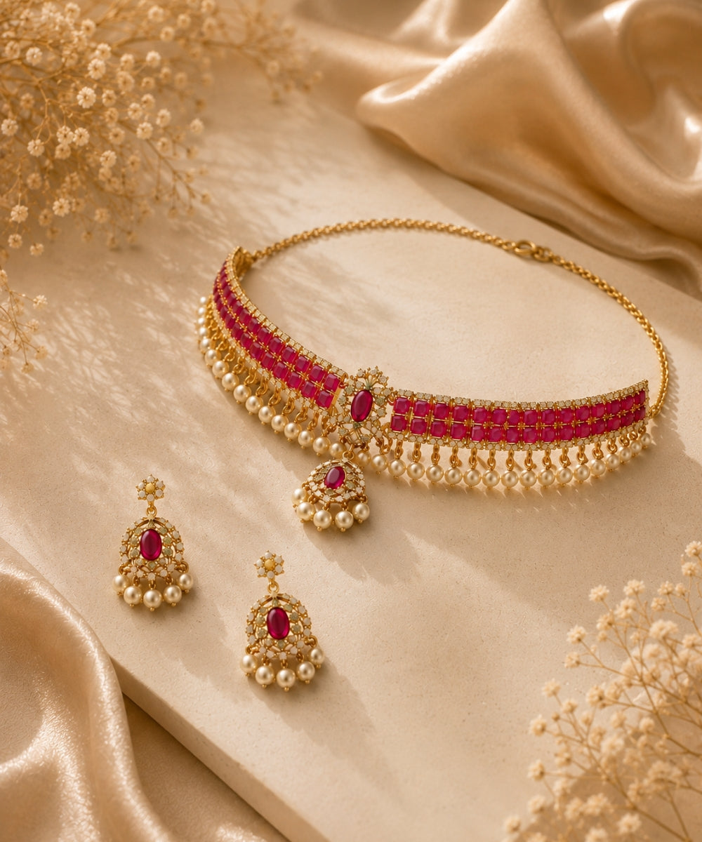 Gold Plated Pink Kundan Semi Cultured Pearl Choker Set