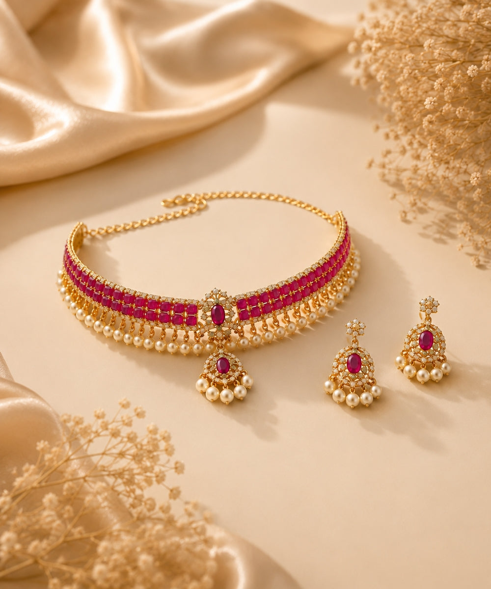 Gold Plated Pink Kundan Semi Cultured Pearl Choker Set