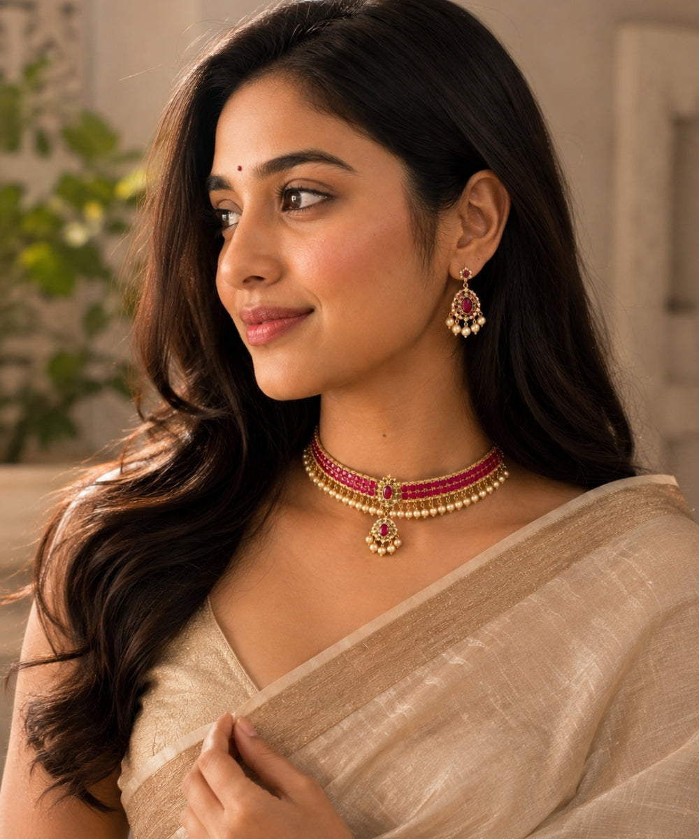 Gold Plated Pink Kundan Semi Cultured Pearl Choker Set