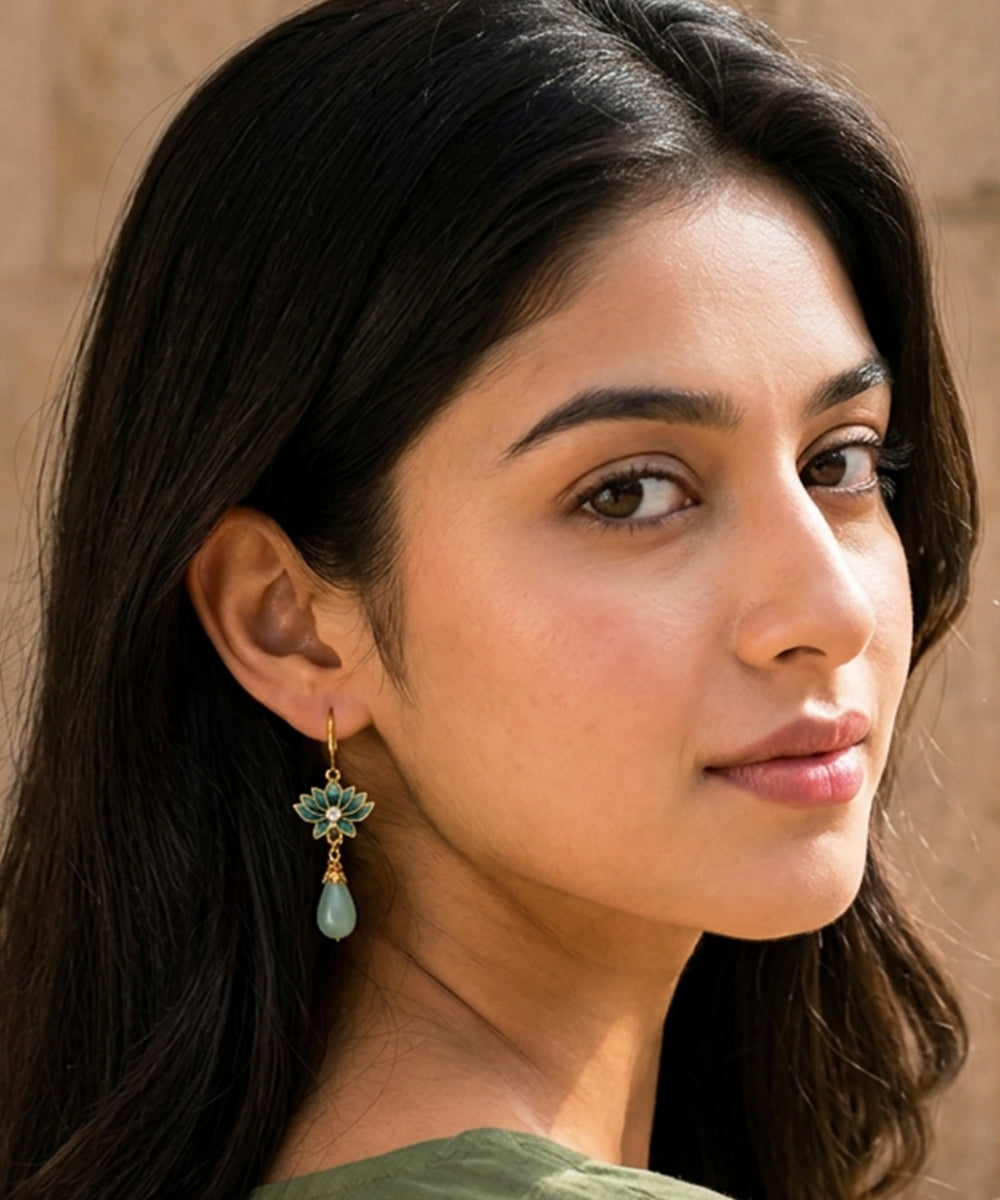 Gold Plated Lotus Pearl Drop Earrings