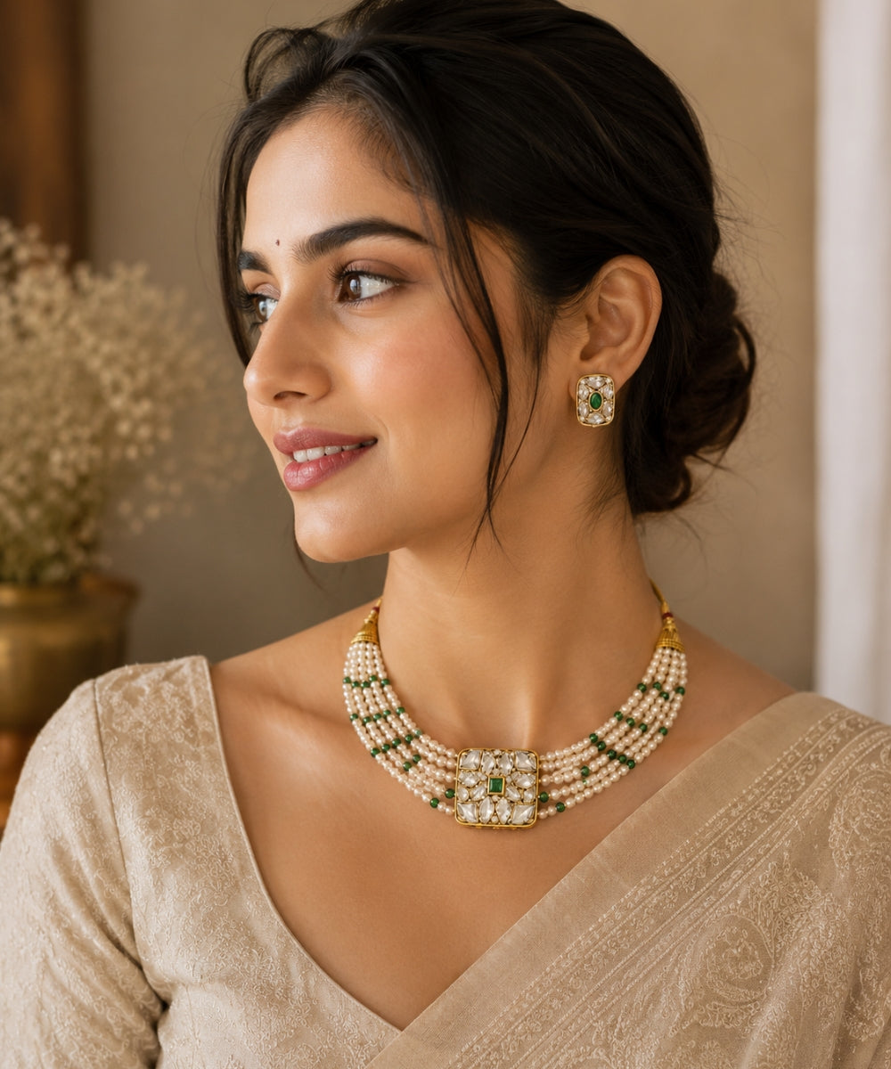 Gold Plated Green Kundan Semi Cultured Pearl Choker Set