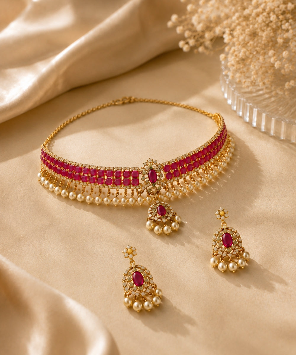 Gold Plated Pink Kundan Semi Cultured Pearl Choker Set