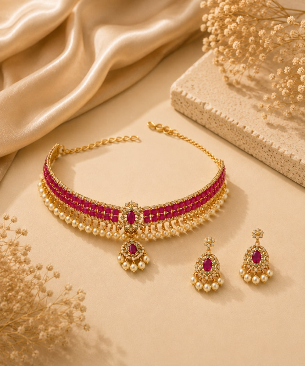 Gold Plated Pink Kundan Semi Cultured Pearl Choker Set