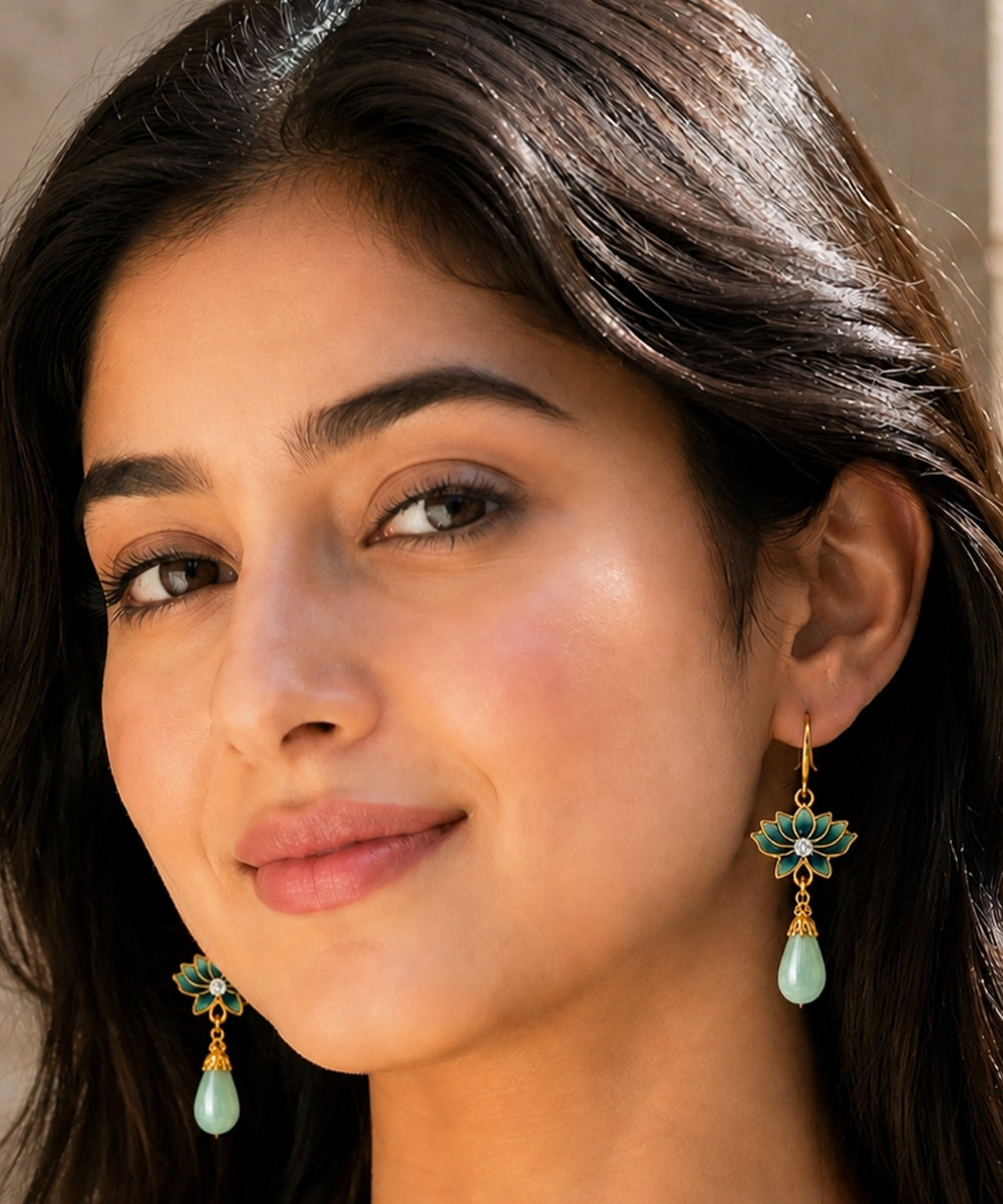 Gold Plated Lotus Pearl Drop Earrings