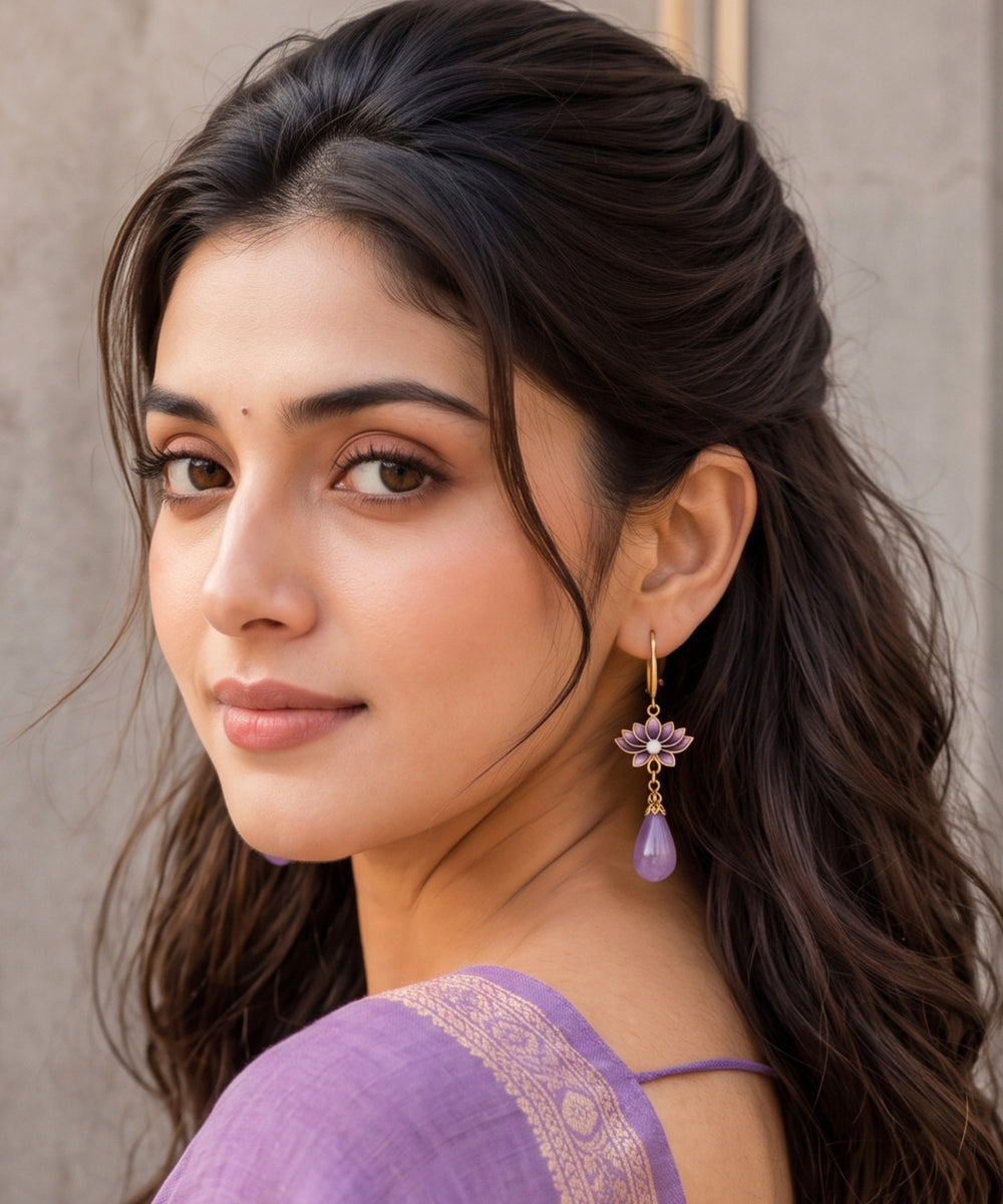Gold Plated Lotus Pearl Drop Earrings