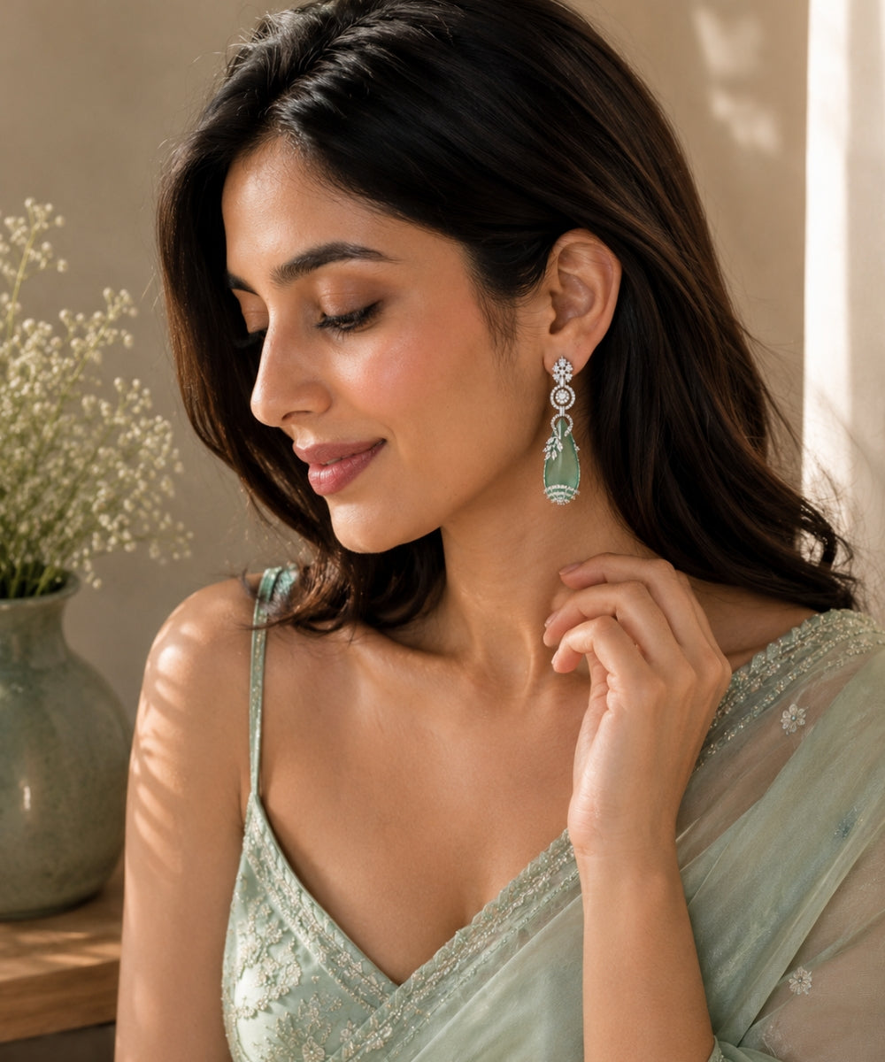 Rhodium Plated Green Cubic Zirconia Drop Earrings