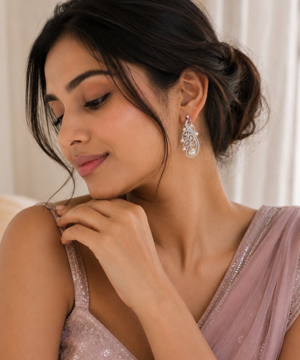 Rhodium Plated Cubic Zirconia Pearl Peacock Drop Earrings