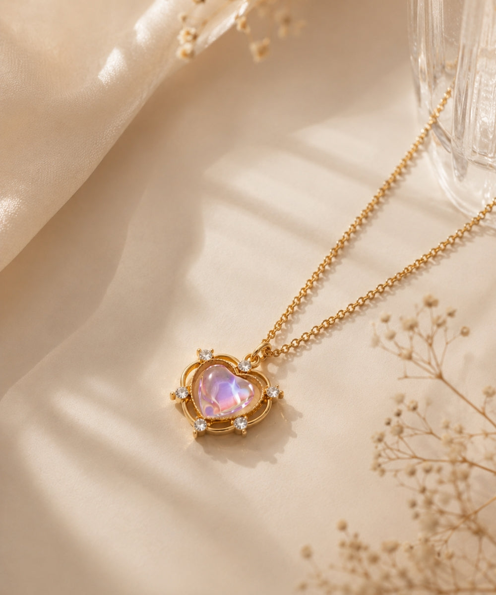 Gold Plated Luna Glow Stone Heart Shape Pendant Necklace