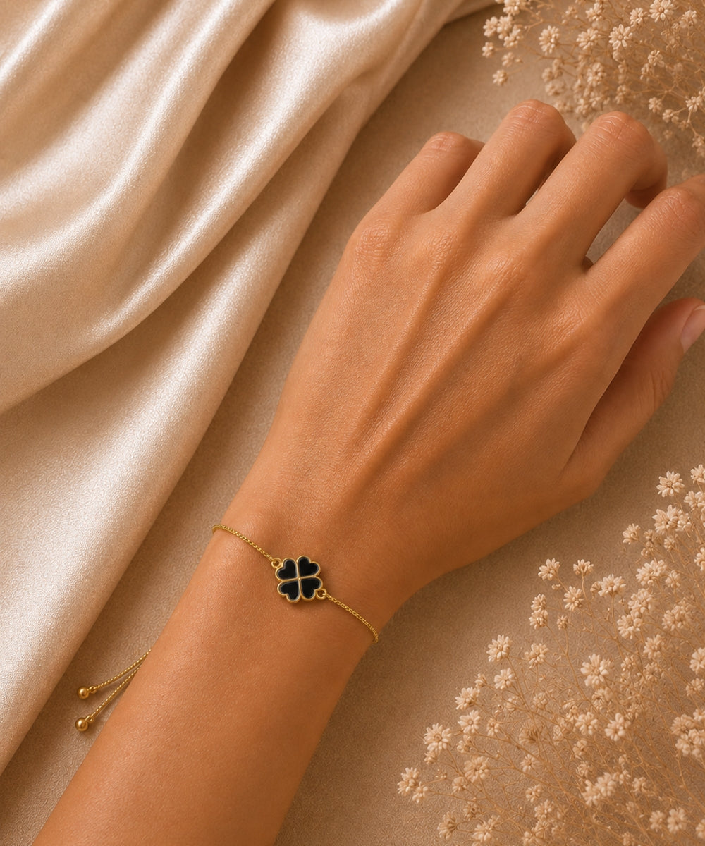 Gold Plated Black Enamel Clover Leaf Bracelet