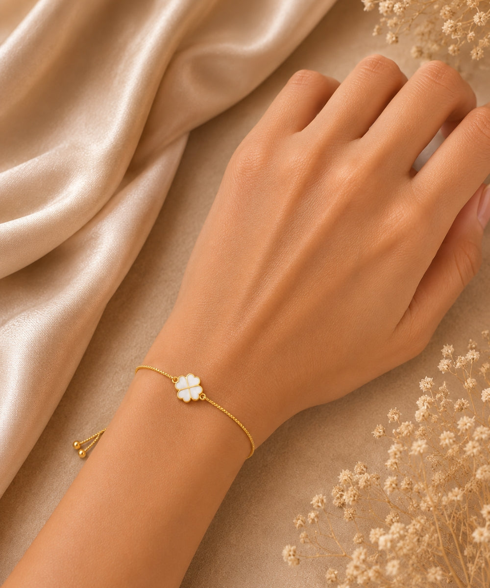 Gold Plated White Enamel Clover Leaf Bracelet
