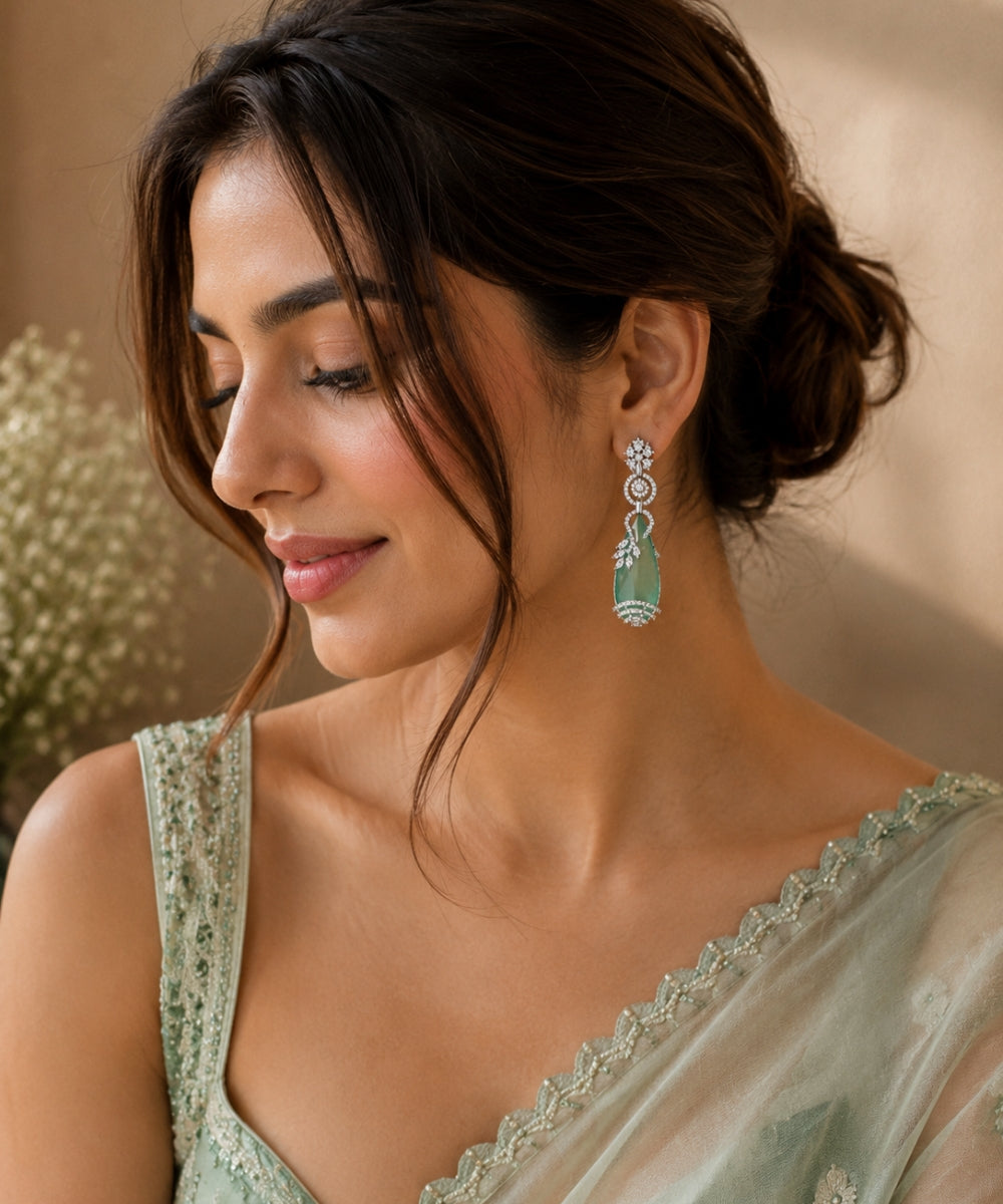 Rhodium Plated Green Cubic Zirconia Drop Earrings