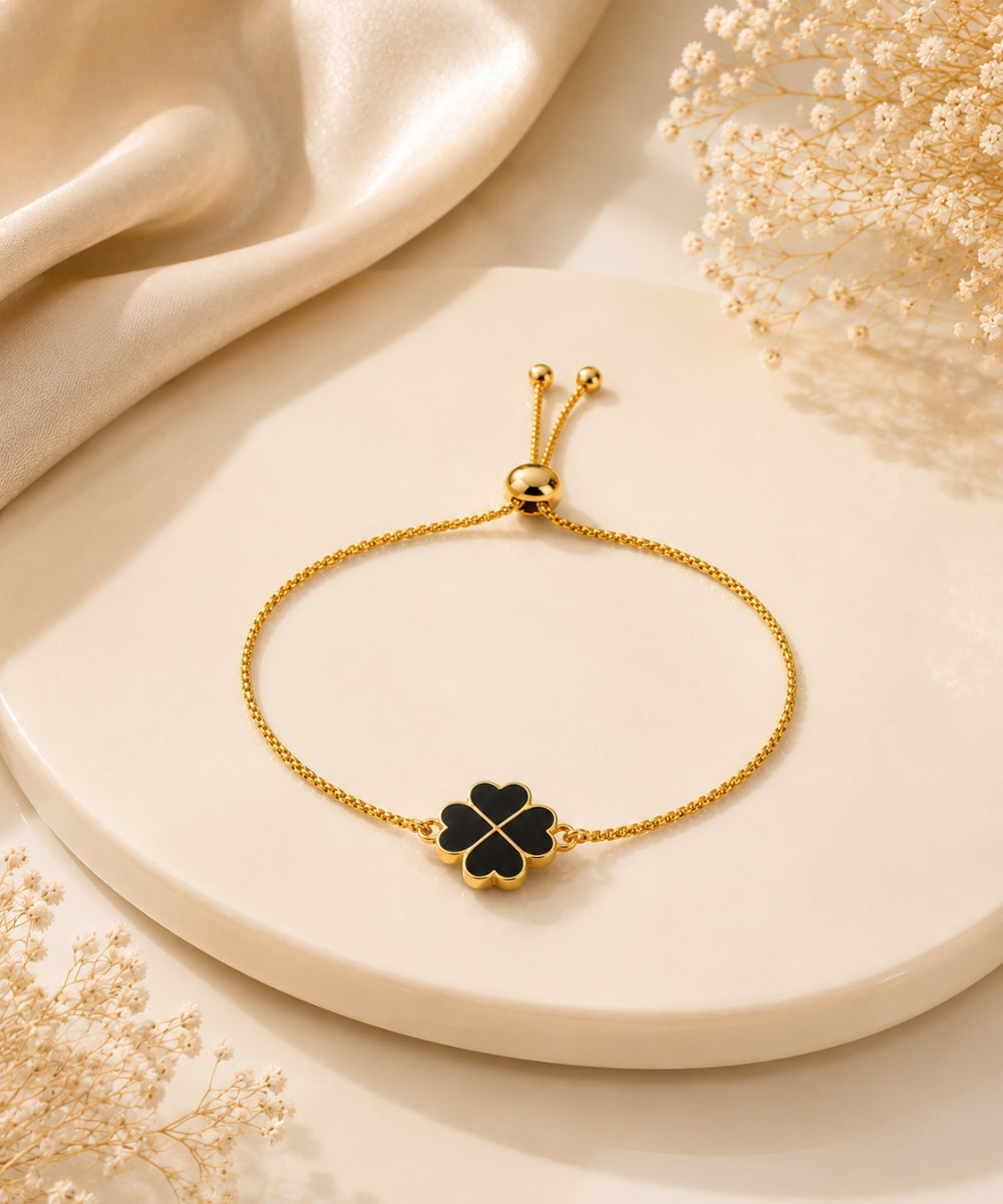 Gold Plated Black Enamel Clover Leaf Bracelet