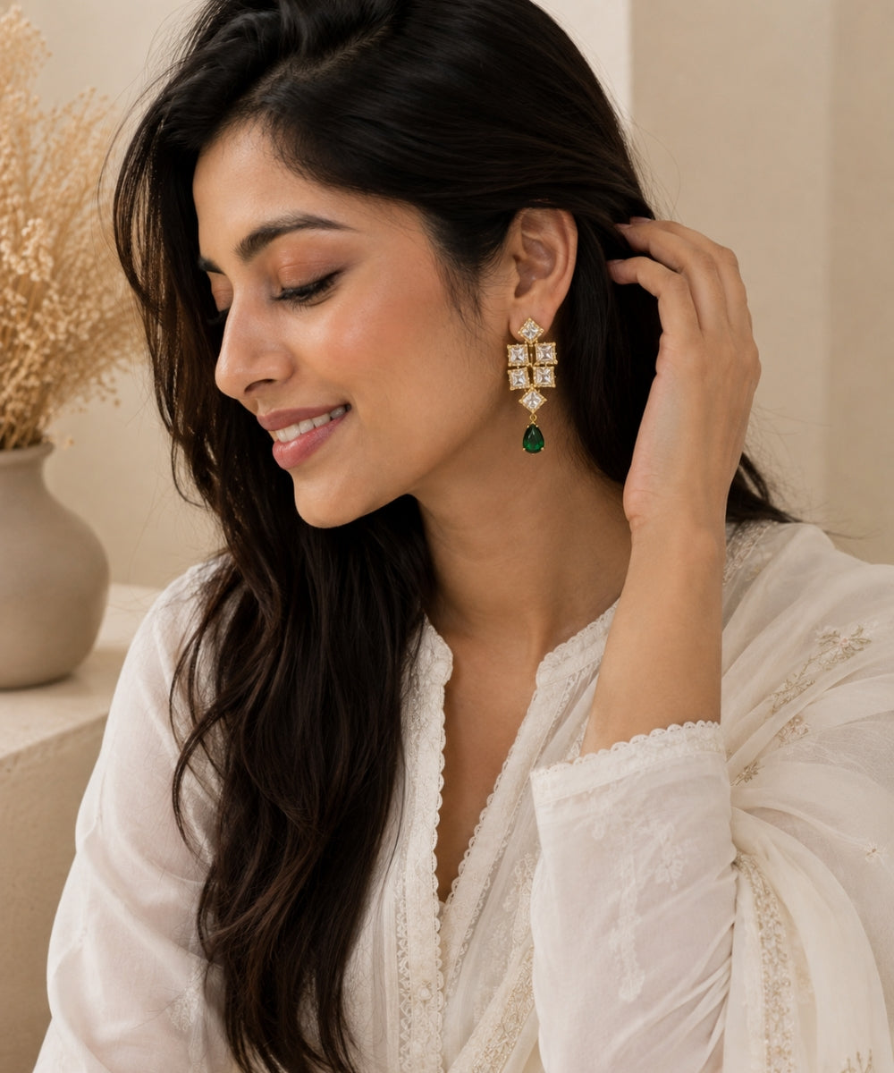 Gold Plated Green  Cubic Zirconia Drop Earrings