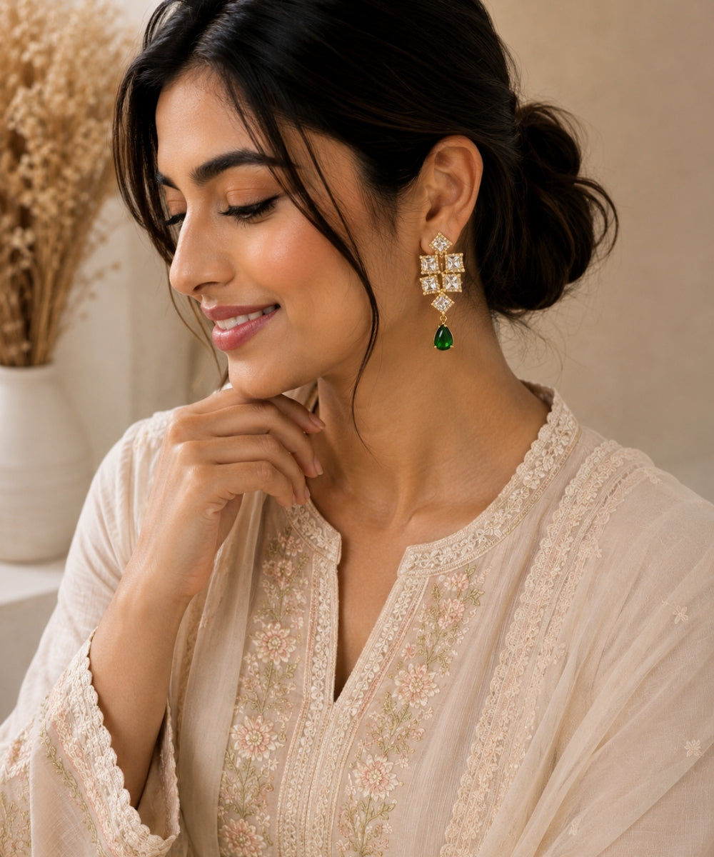 Gold Plated Green  Cubic Zirconia Drop Earrings