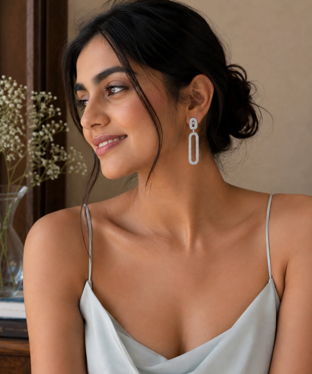 Rhodium Plated Cubic Zirconia Contemporary Style Earrings