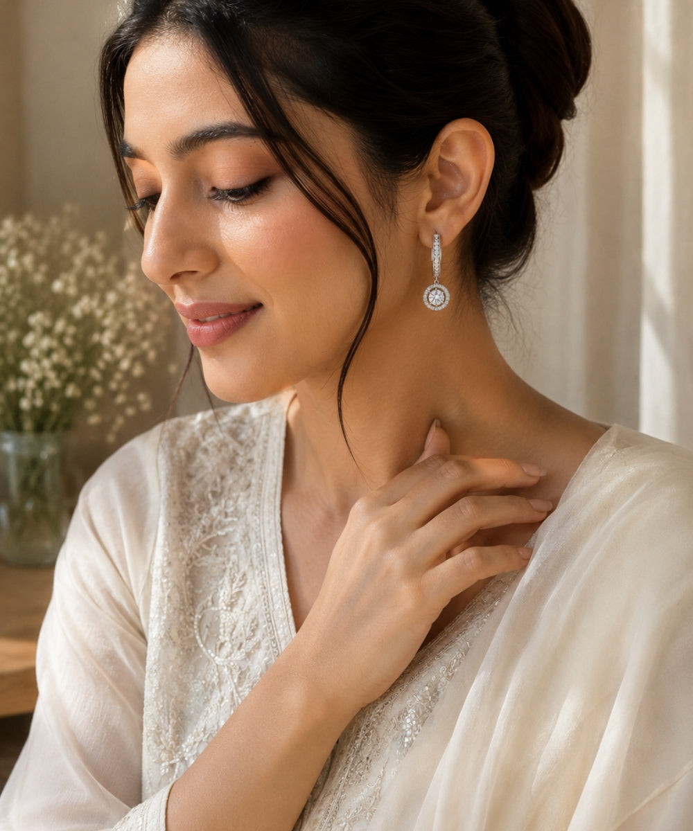 Rhodium Plated Cubic Zirconia Halo Style Drop Earrings