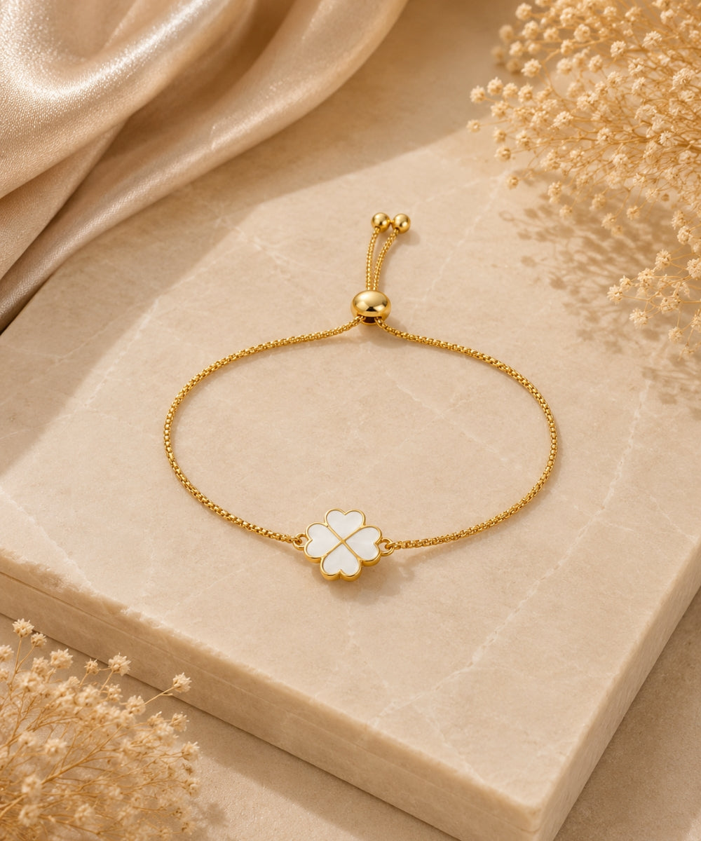 Gold Plated White Enamel Clover Leaf Bracelet