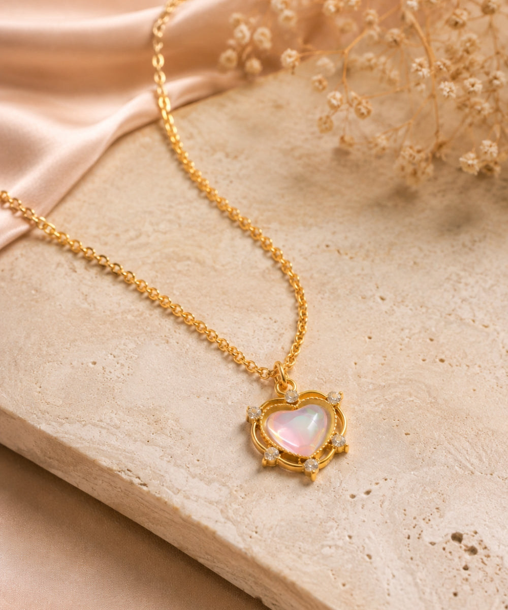 Gold Plated Luna Glow Stone Heart Shape Pendant Necklace