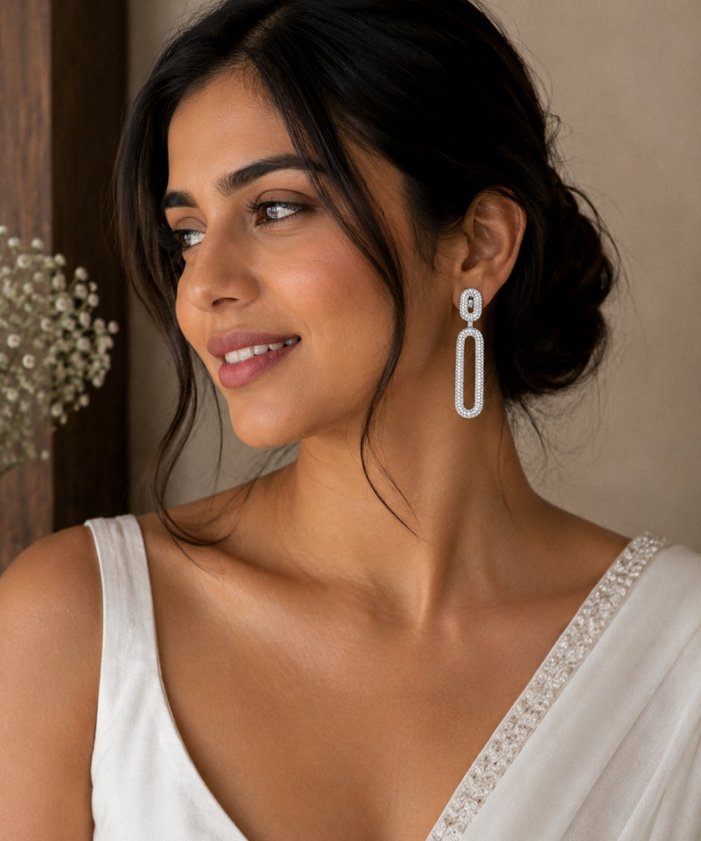 Rhodium Plated Cubic Zirconia Contemporary Style Earrings