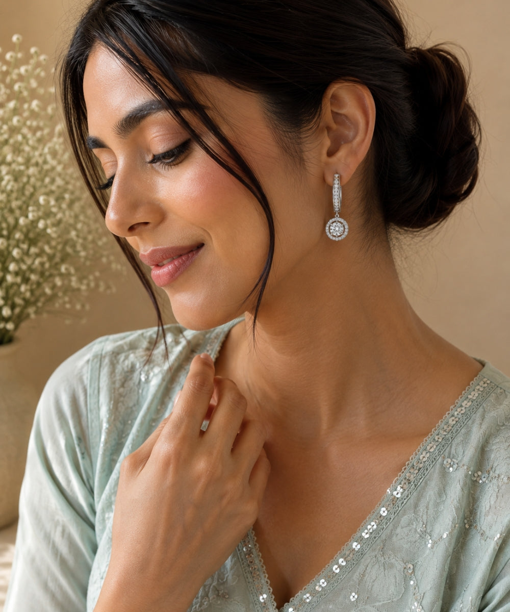 Rhodium Plated Cubic Zirconia Halo Style Drop Earrings