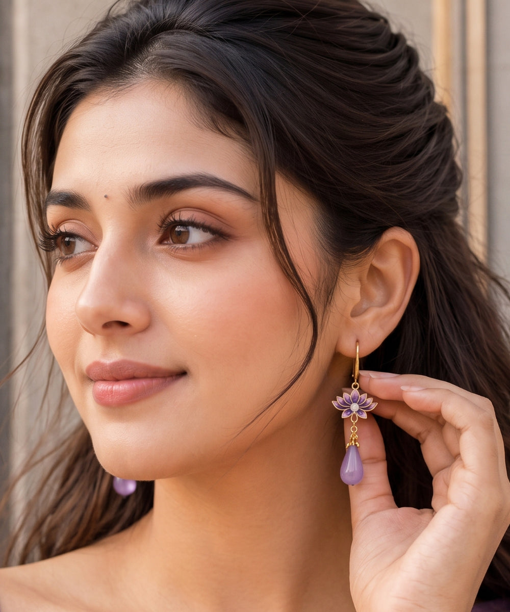 Gold Plated Lotus Pearl Drop Earrings