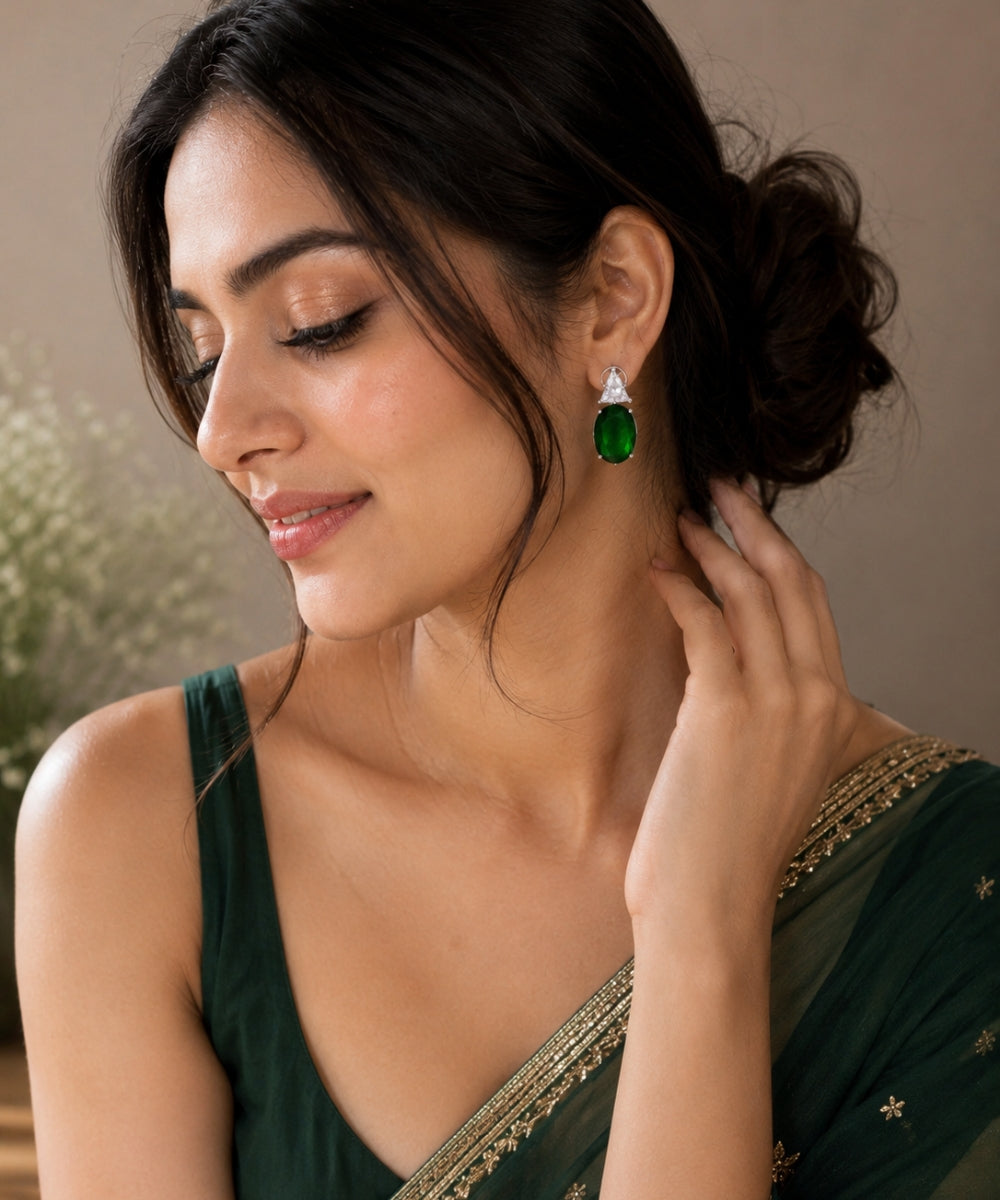 Rhodium Plated Green Stone Cubic Zirconia Drop Earrings