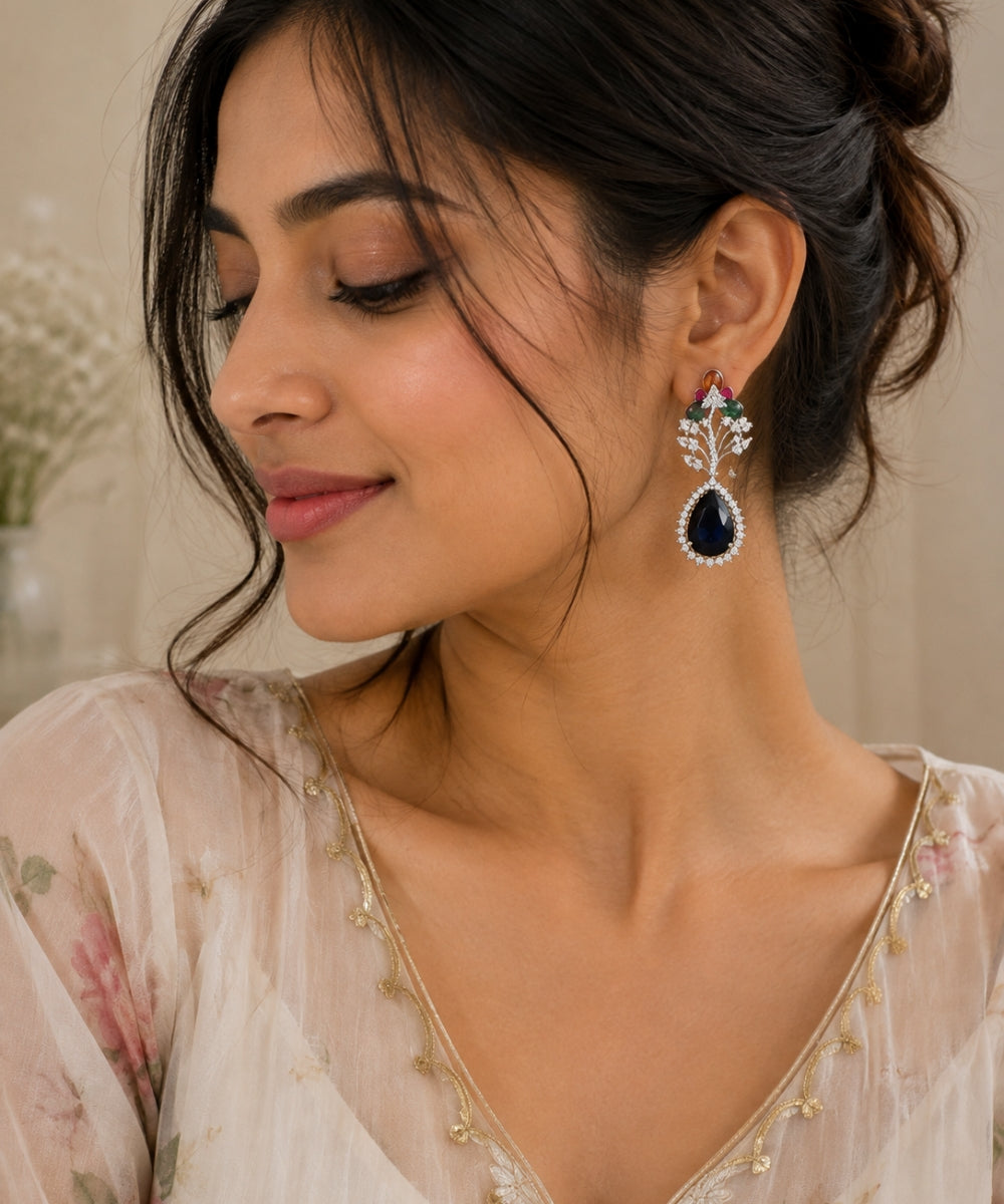 Rhodium Plated Halo Style Cubic Zirconia Drop Earrings