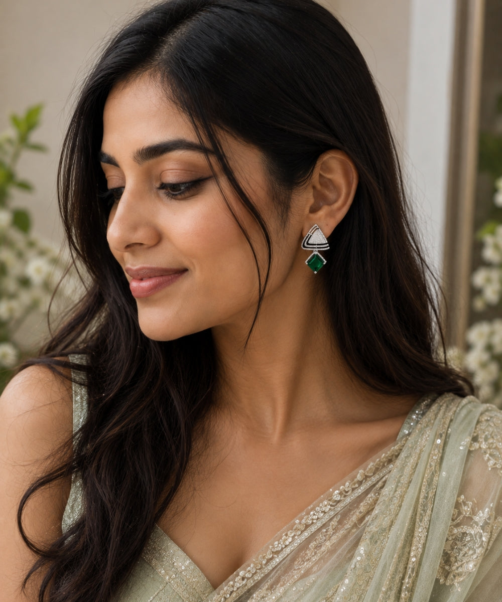 Rhodium Plated Green Cubic Zirconia Drop Earrings