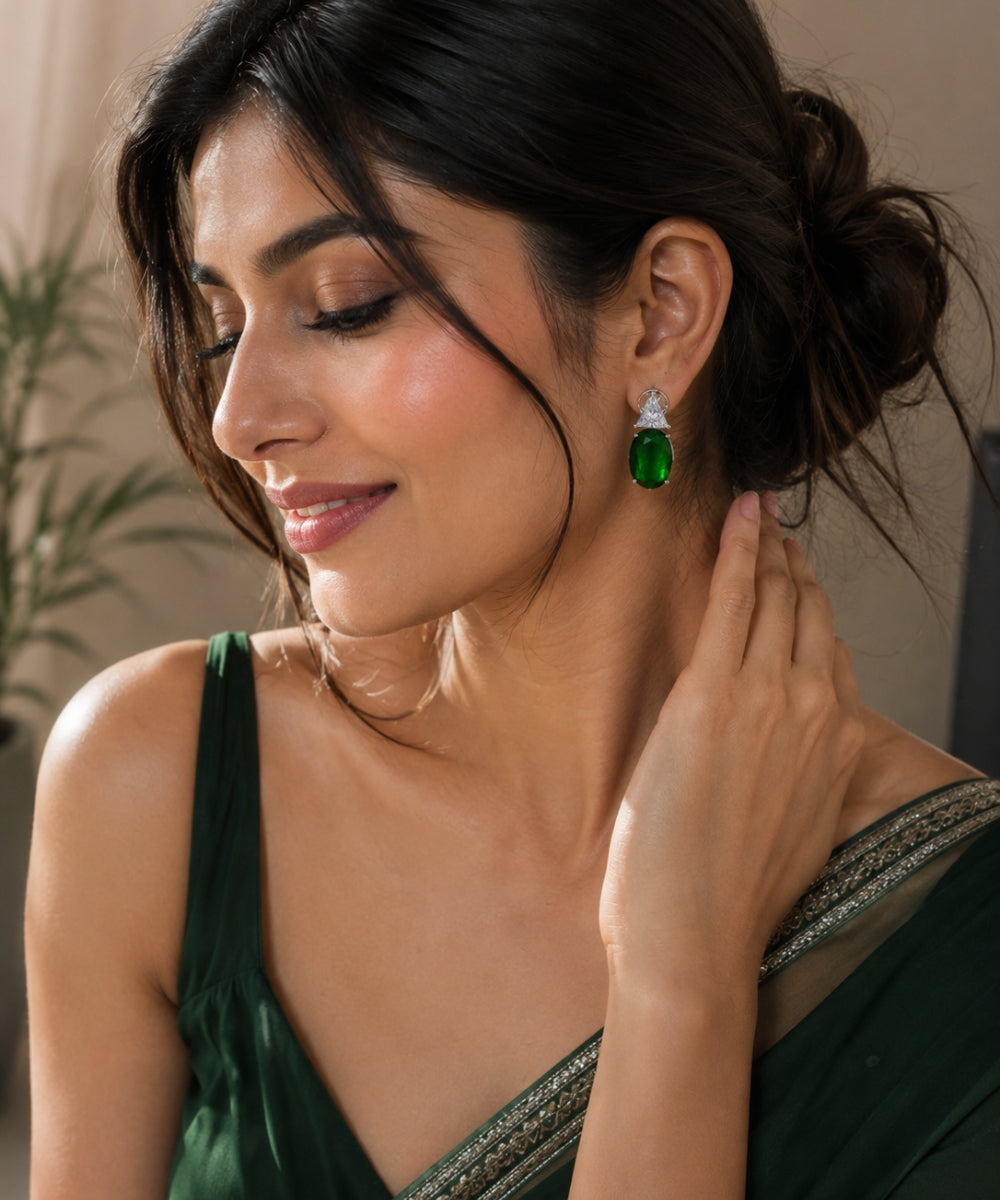 Rhodium Plated Green Stone Cubic Zirconia Drop Earrings