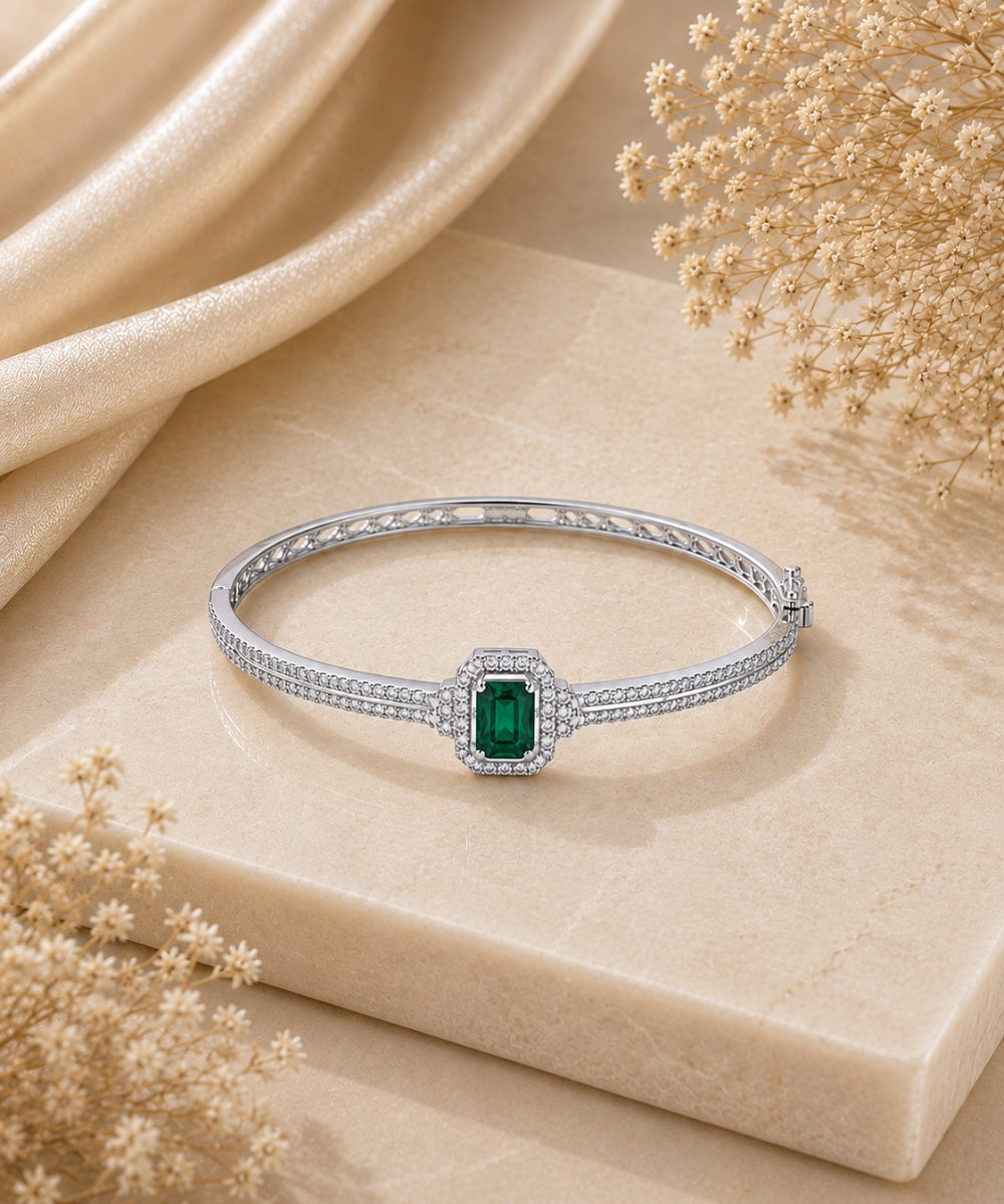 Rhodium Plated Green Cubic Zirconia Halo Style Bracelet