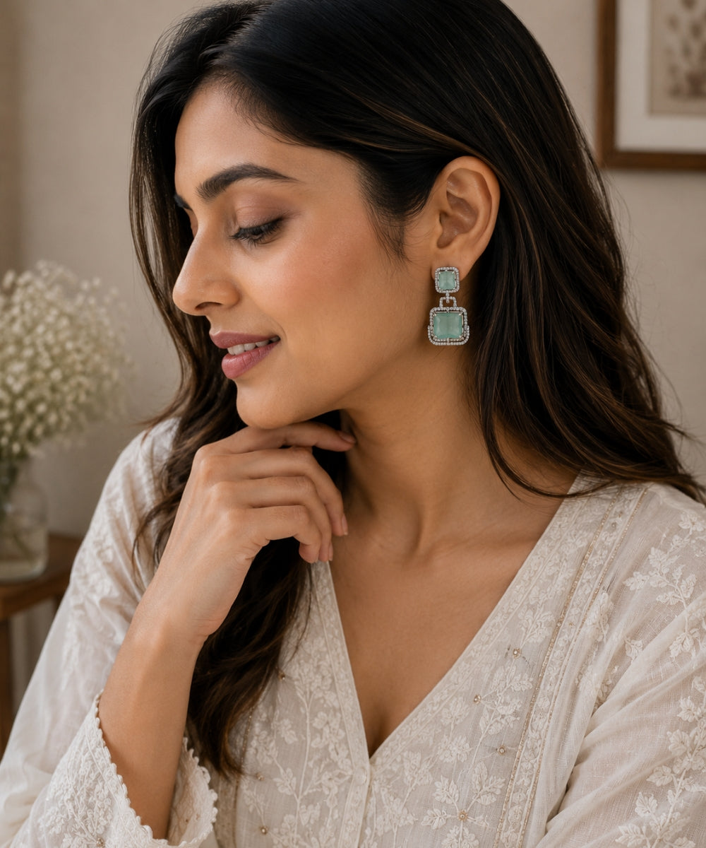 Rhodium Plated Halo Style Cubic Zirconia Drop Earrings