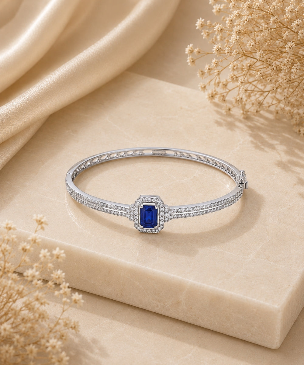Rhodium Plated Blue Cubic Zirconia Halo Style Bracelet