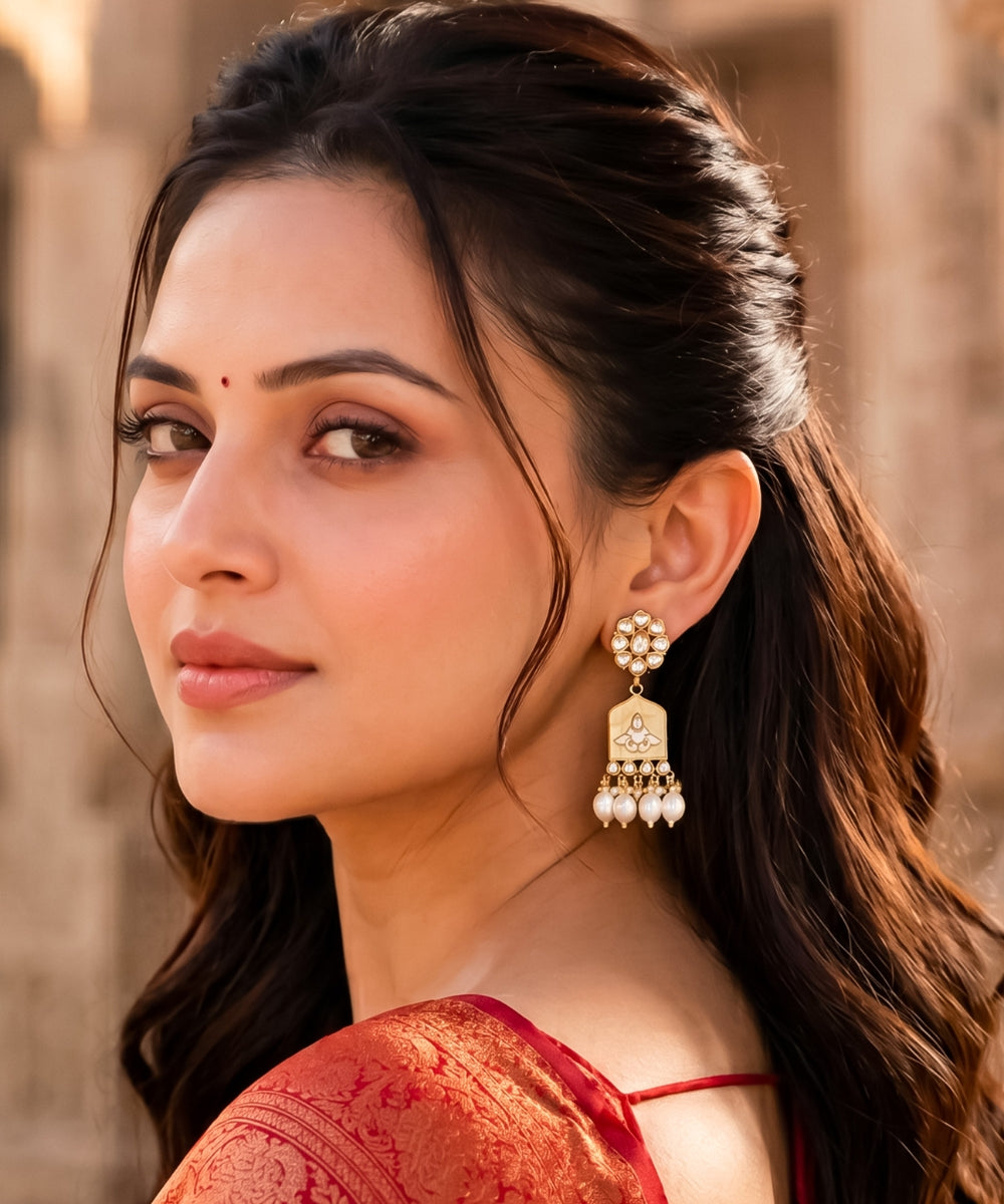 Gold Plated Kundan White Pearl Drop Earrings