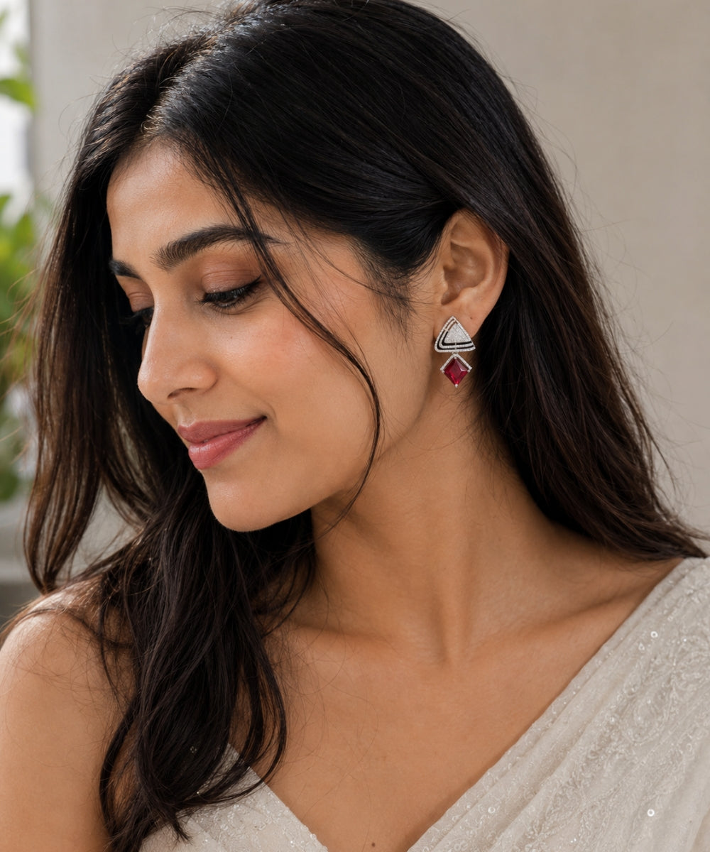 Rhodium Plated Red Cubic Zirconia Drop Earrings
