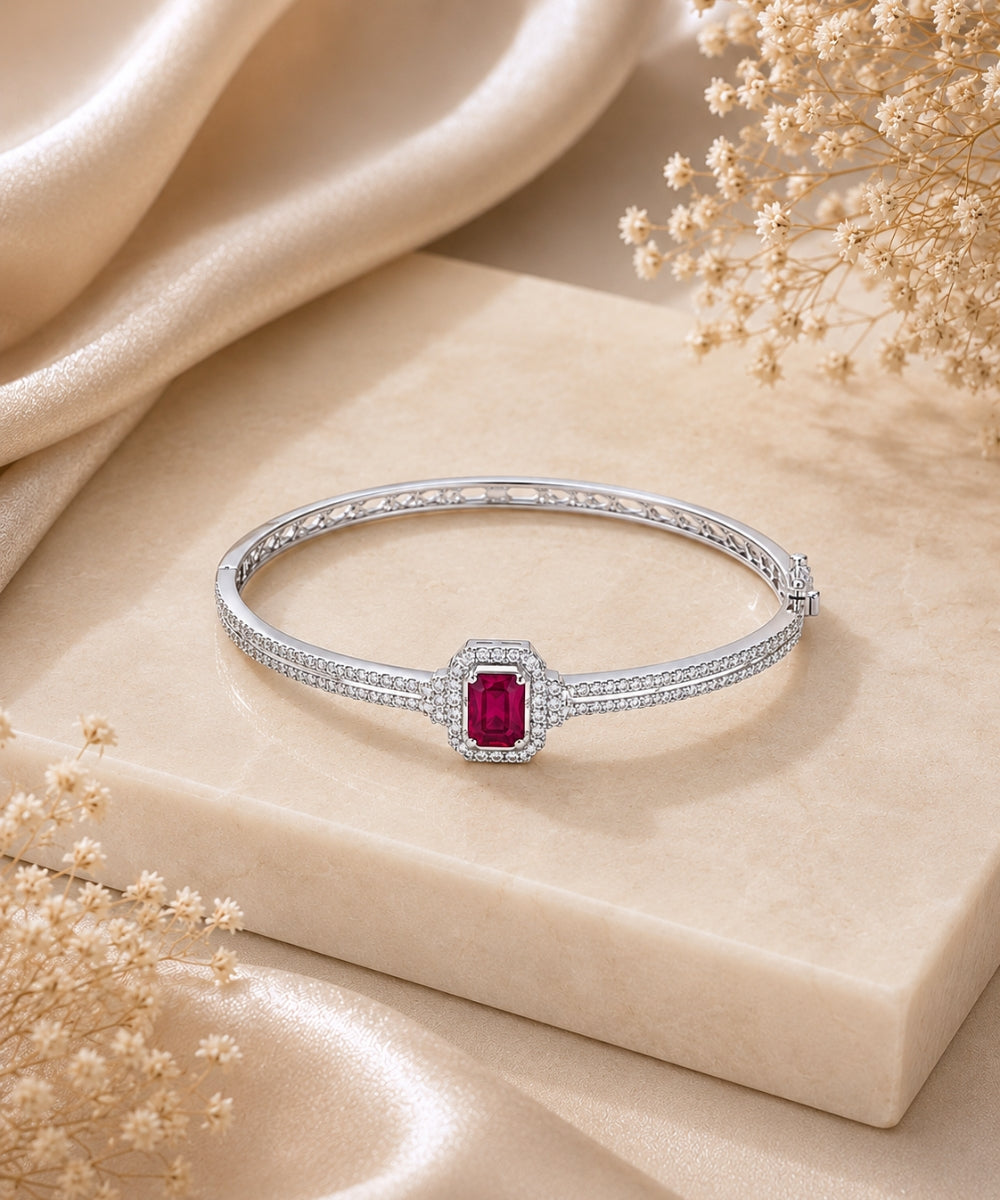 Rhodium Plated Pink Cubic Zirconia Halo Style Bracelet