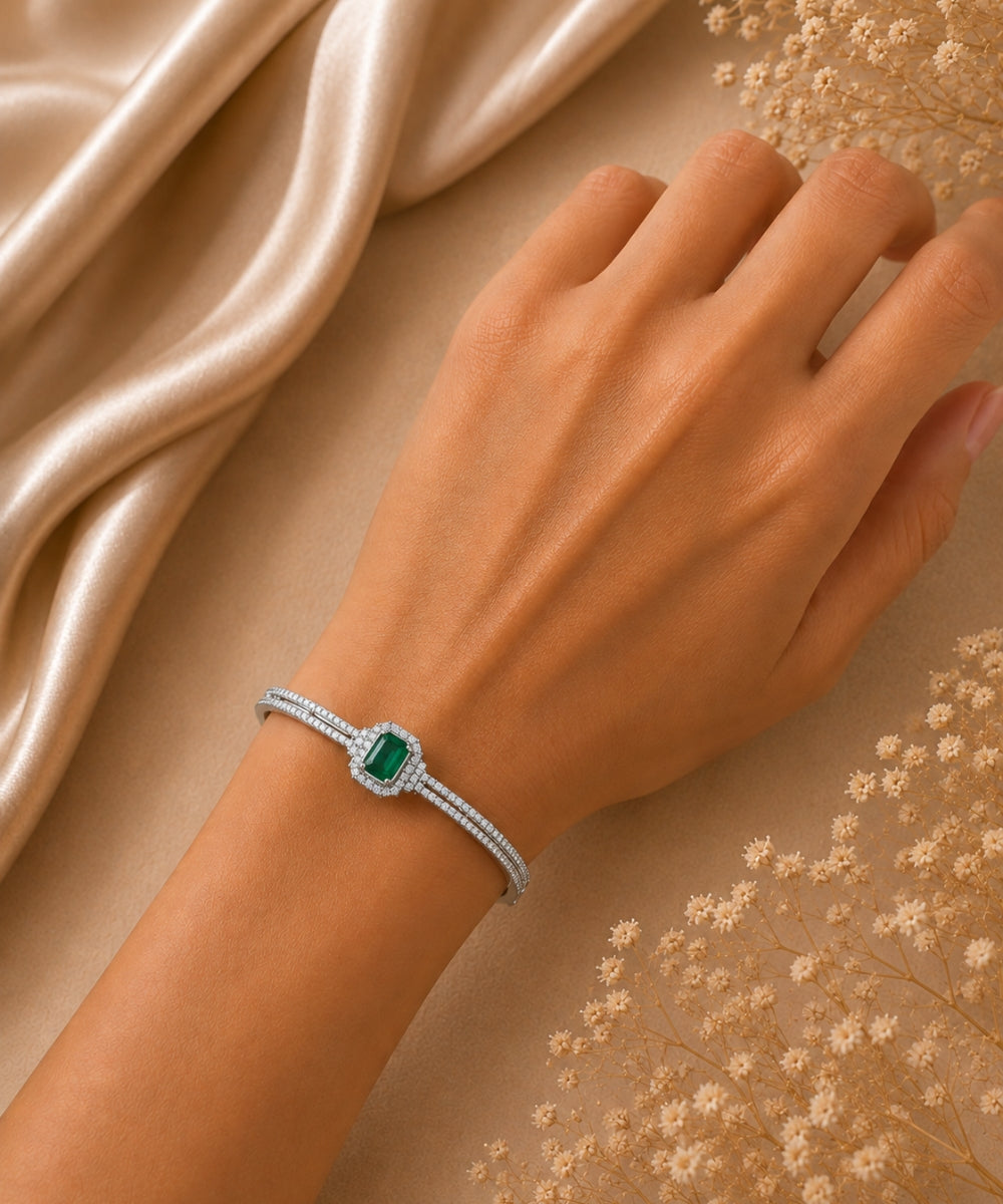 Rhodium Plated Green Cubic Zirconia Halo Style Bracelet