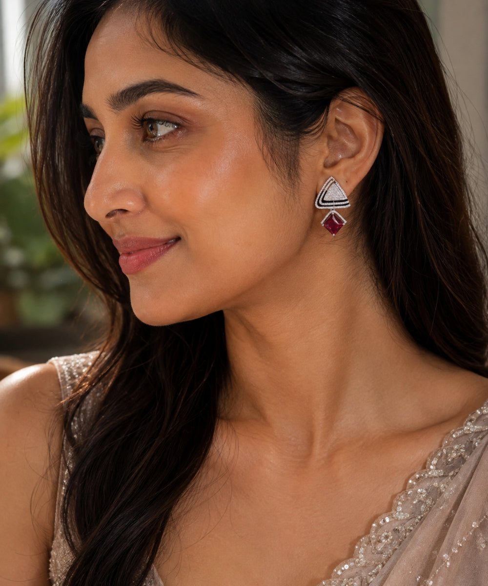 Rhodium Plated Red Cubic Zirconia Drop Earrings